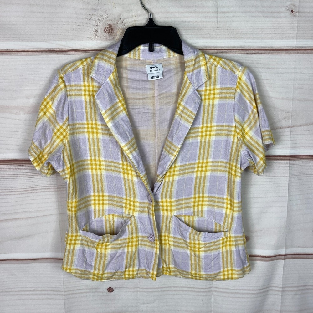 RVCA Top Womens Small Yellow Plaid Shirt Short Sleeve Buttons Pockets Collar